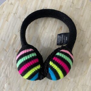 Swiss Tech Black Knit Ear Warmers with Neon Multi-Color Stripes